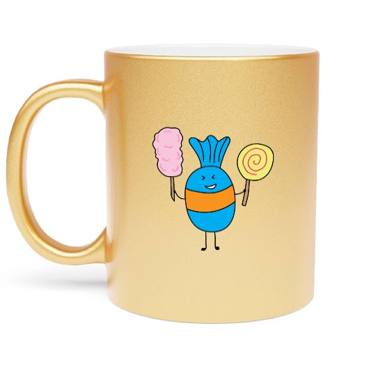 Cute Candy Holding Lollipop And Cutton Candy Metallic Mugs