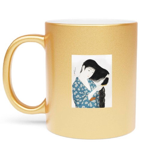 Japanese Woman Kimono Hair Ukiyoe art Metallic Mugs