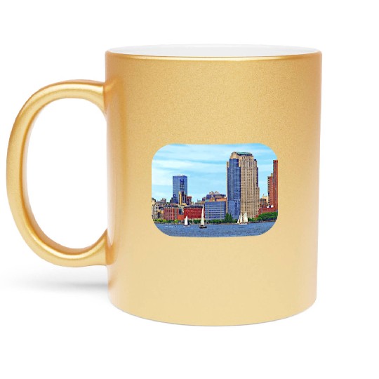 Manhattan NY - Boats By Manhattan Skyline Metallic Mugs