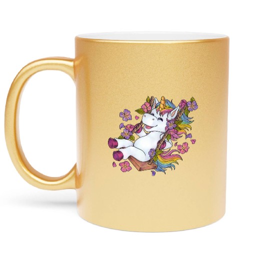 Cute unicorn on swing Flowers Spring gift children Metallic Mugs