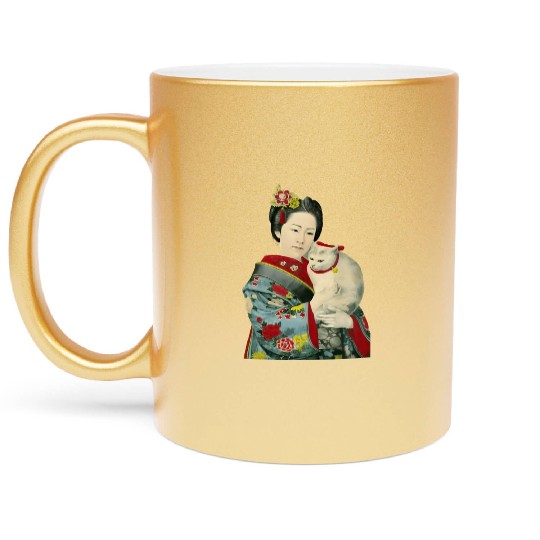 Geisha Cat Kimono Japanese Vintage Art Metallic Mugs