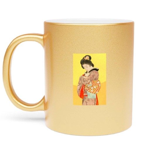 Geisha in Kimono with Cat Retro art Metallic Mugs