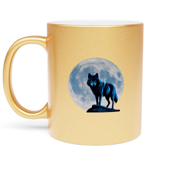 Wolf howling at the moon graphic Metallic Mugs