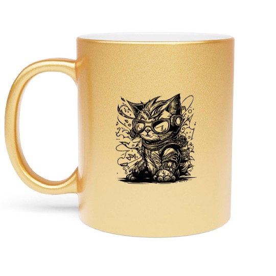 Little Cool Space Cat Splash Tattoo Style Metallic Mugs