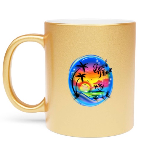 Beach Please Airbrush Colorful Metallic Mugs