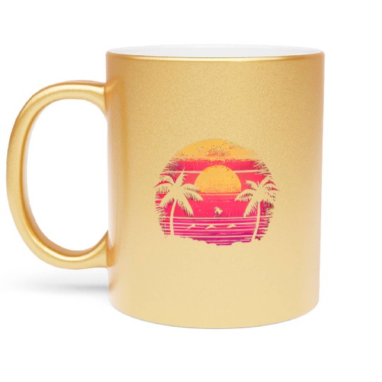 Vintage Retro Sunset Watercolor Beach Vacation 1 Metallic Mugs