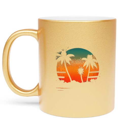 Vintage Retro Sunset Watercolor Beach Vacation 2 Metallic Mugs