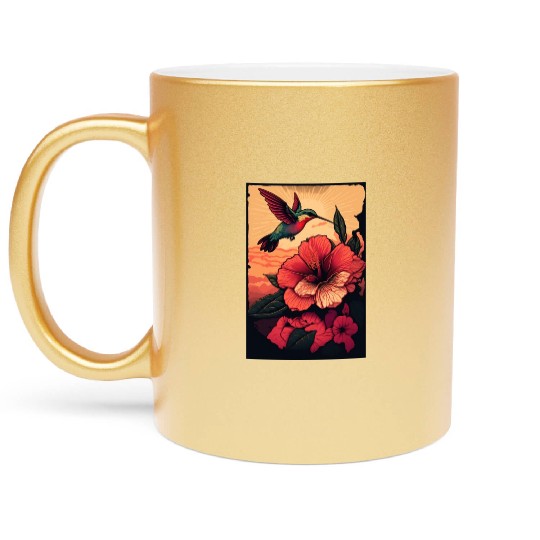Hummingbird flies over hibiscus flower Tropical Metallic Mugs