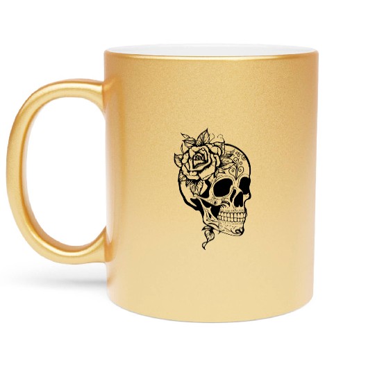 Skull Dia de los Muertos Halloween Tattoo Rose Metallic Mugs