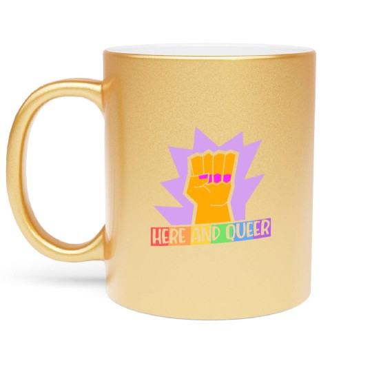 Here And Queer LGBTQ Community Rainbow Pride Month Metallic Mugs