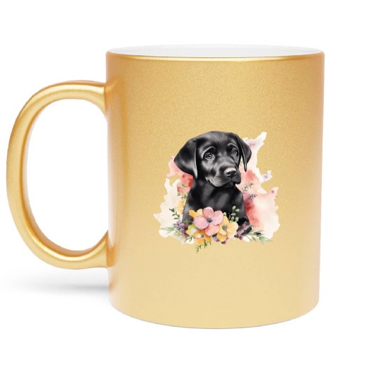 Black Lab Dog Watercolor Floral Metallic Mugs