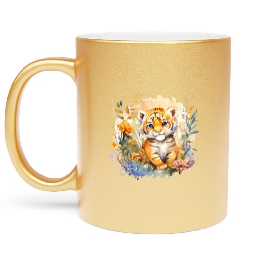 Baby Tiger Safari Animal Watercolor Floral Metallic Mugs