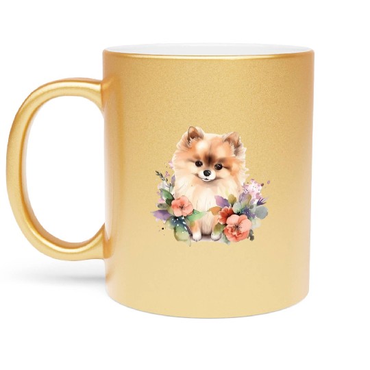 Pomeranian Dog Watercolor Floral Metallic Mugs