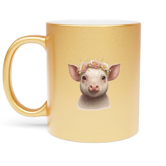 Cute Piglet Flower Crown Baby Pig Floral Farm Anim Metallic Mugs