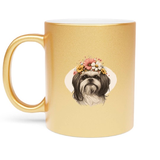 Cute Shih Tzu Flower Crown Pet Dog Breed Floral Pu Metallic Mugs