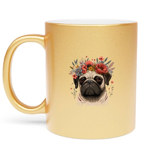 Cute Pug Flower Crown Pet Dog Breed Floral Puppy Metallic Mugs