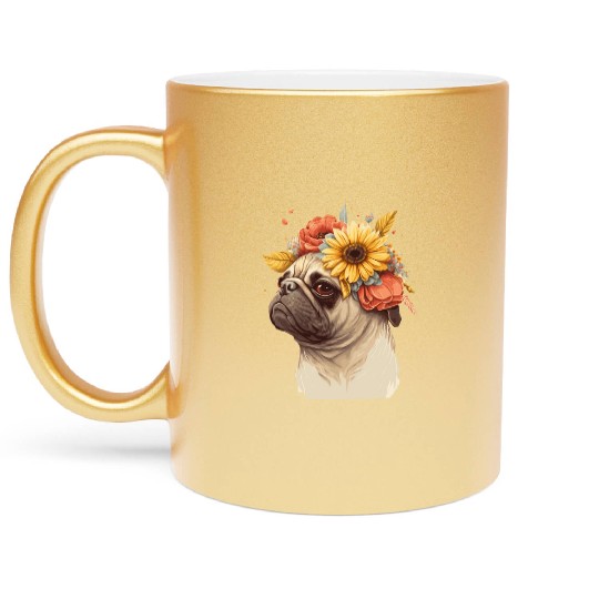 Cute Pug Flower Crown Pet Dog Breed Floral Puppy Metallic Mugs