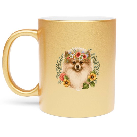Cute Pomeranian Pom Flower Crown Pet Dog Breed Flo Metallic Mugs