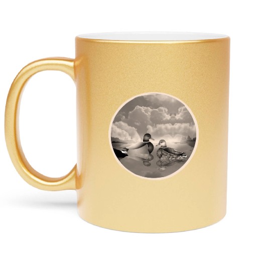 Duck couple in duck pond in nostalgic sepia Metallic Mugs