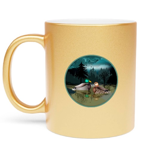 Duck couple in the duck pond at night & moonlight Metallic Mugs