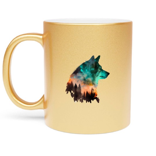 Forest Wolf Multicolor Watercolor Portrait Metallic Mugs