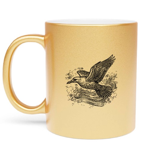 Elegant Flying Seagull Over The Water Metallic Mugs