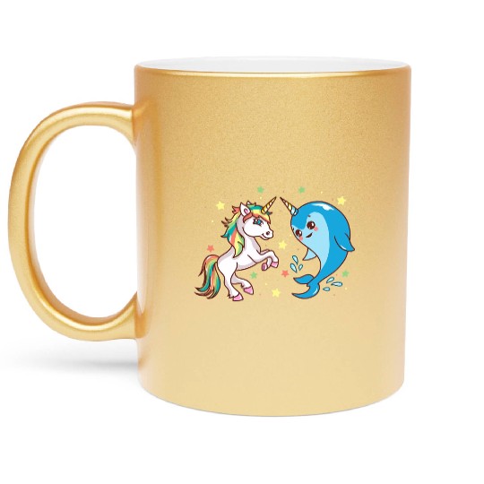 Cute Funny Horned Narwhal And Unicorn Friends Metallic Mugs