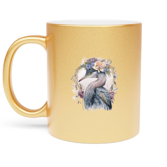 Watercolor Heron Freshwater Bird Watching Flower C Metallic Mugs