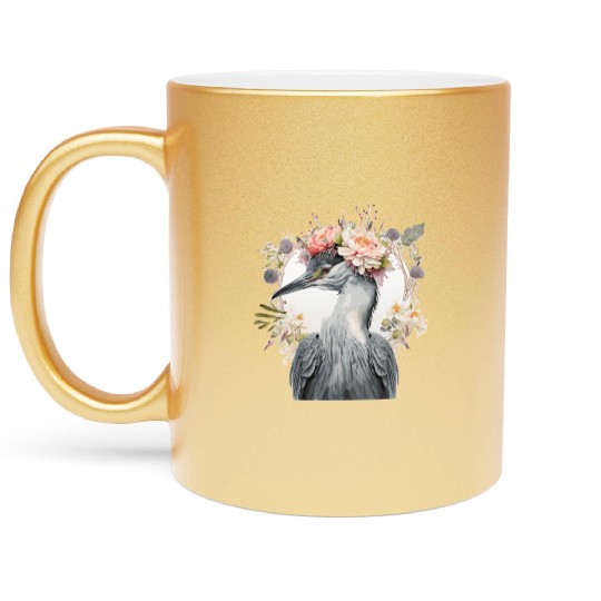 Watercolor Heron Freshwater Bird Flower Crown Flor Metallic Mugs