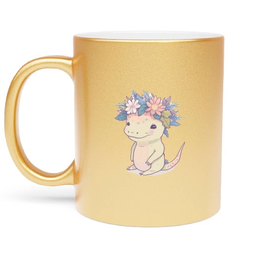 Cute Axolotl Amphibian Flower Crown Watercolor Ani Metallic Mugs