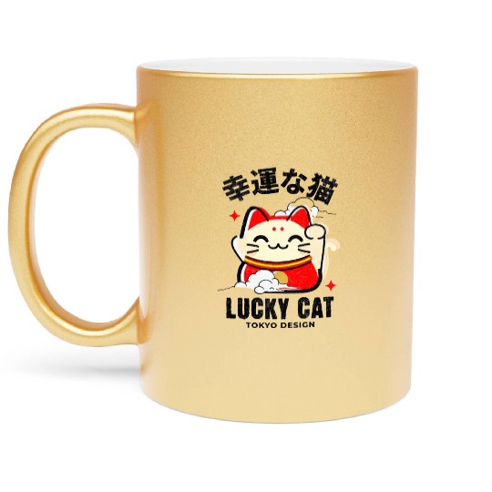 Lucky Cat Tokyo Desing Japanese Writing Metallic Mugs