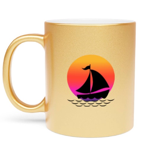 Funny Cool sailing boat Sunset Graphic Humor Tees Metallic Mugs