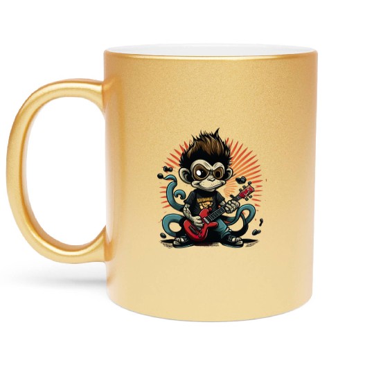Monkey Chimpanzee Playing Acousitc Rock Guitar Metallic Mugs