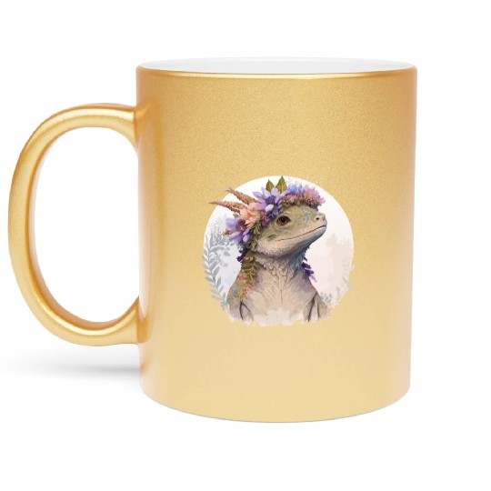 Watercolor Lizard Flower Crown Floral Reptile Love Metallic Mugs