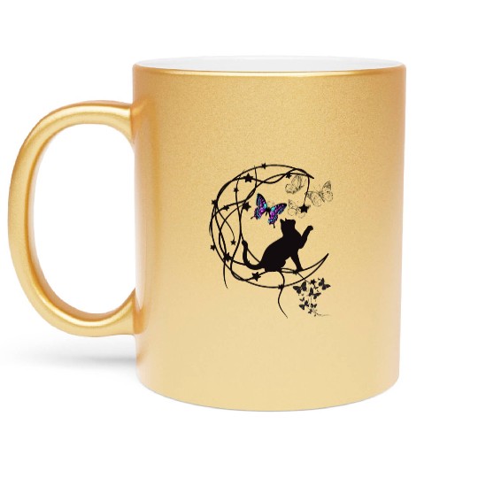 Decorative Black Cat Silhouette With Butterflies Metallic Mugs