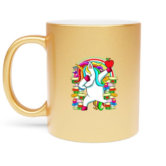 Womens Reading Teacher Dabbing Unicorn Elementary Metallic Mugs