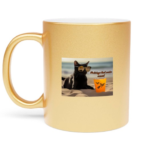 beach, kitten and drink. Holidays that make meow Metallic Mugs