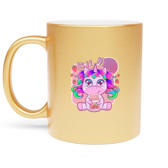 Funny Kawaii Unicorn Strawberry Milk Shake Metallic Mugs