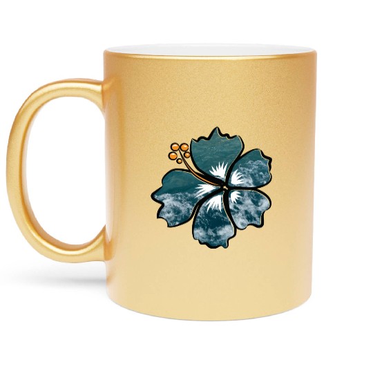 Hibiscus Flower On Blue Ocean Waves Background Metallic Mugs