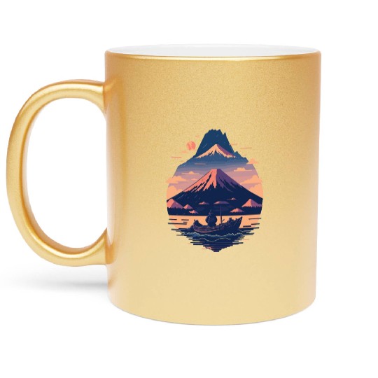 Serene Mount Fuji Sunset Peaceful River Scenery Metallic Mugs