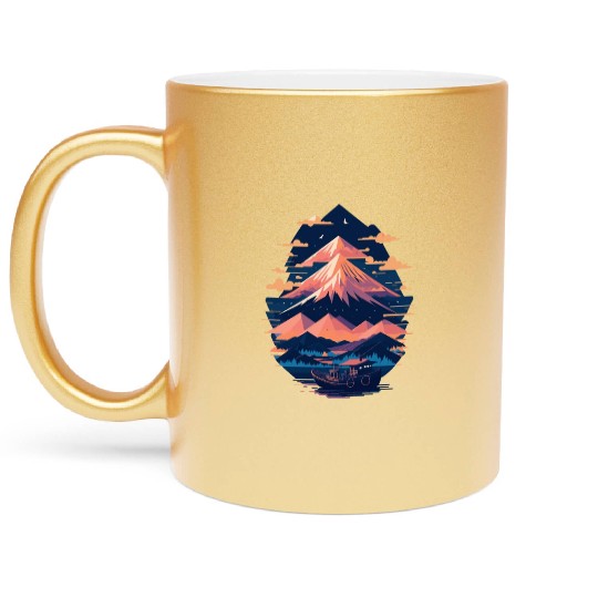 Serene Mount Fuji Sunset Peaceful River Scenery Metallic Mugs