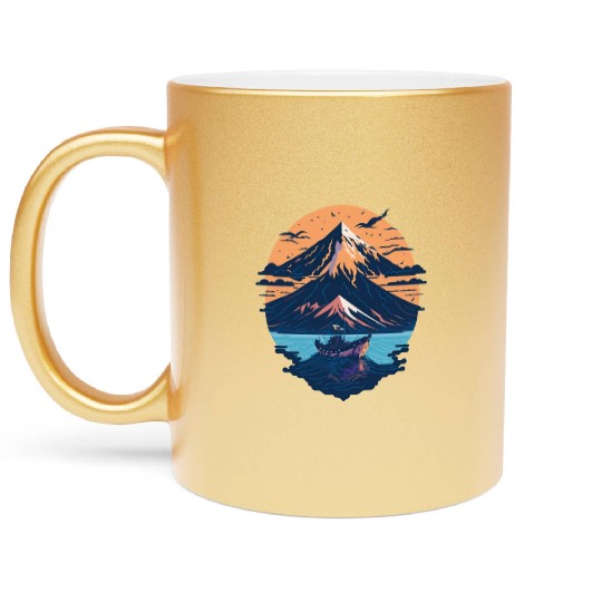 Serene Mount Fuji Sunset Peaceful River Scenery Metallic Mugs
