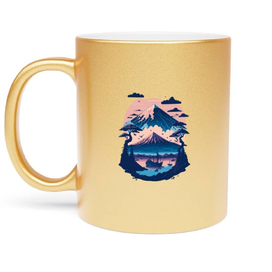 Serene Mount Fuji Sunset Peaceful River Scenery Metallic Mugs
