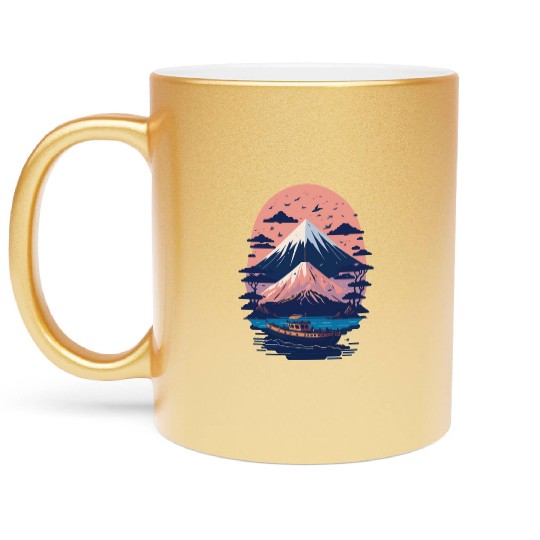 Serene Mount Fuji Sunset Peaceful River Scenery Metallic Mugs