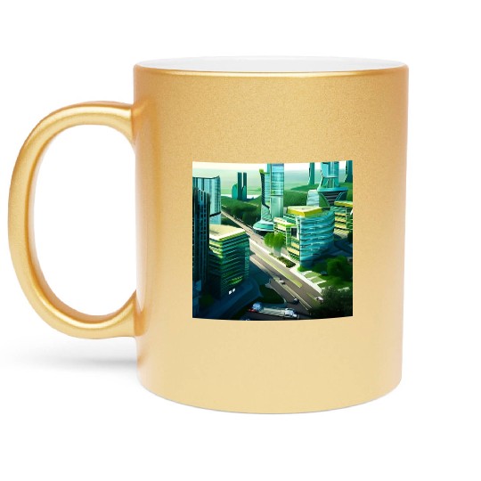 Green Horizon: A Vision of Sustainable Cityscape Metallic Mugs