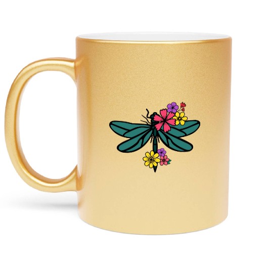 dragonfly with colorful flowers Metallic Mugs