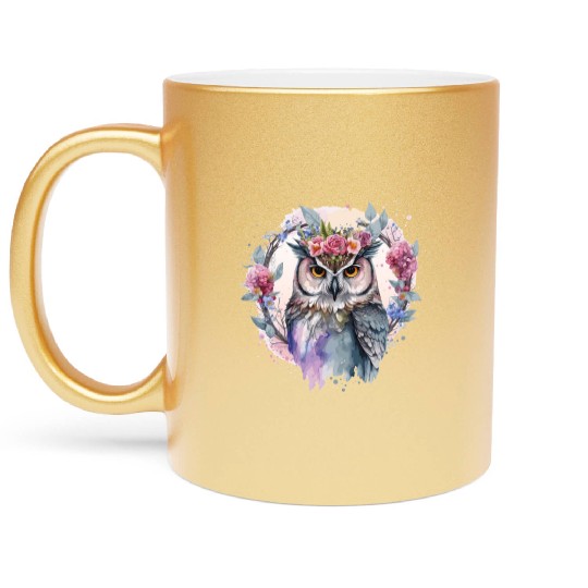 Watercolor Owl Flower Crown Artistic Floral Birds Metallic Mugs