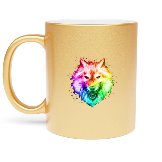 Bright Colorful Wolf Head – Rainbow Howling Wolf F Metallic Mugs