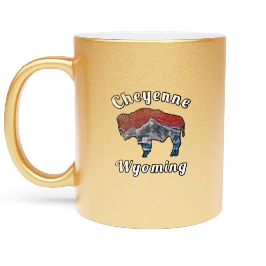 Cheyenne Wyoming With Flag Themed Mountain Scenery Metallic Mugs