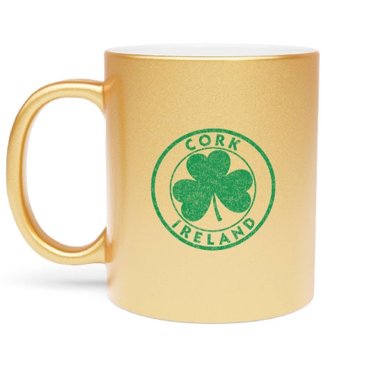 Cork Ireland Shamrock Sign Distressed Green Print Metallic Mugs